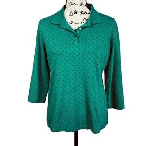 Appleseeds green top women  polka dot 3/4 sleeve collar top size M